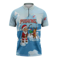 Christmas Fishing Zipper Polo Shirt with Santa Claus Reindeer Iceberg and Merry Fishmas Design - Wonder Print Shop