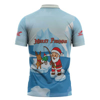 Christmas Fishing Zipper Polo Shirt with Santa Claus Reindeer Iceberg and Merry Fishmas Design - Wonder Print Shop