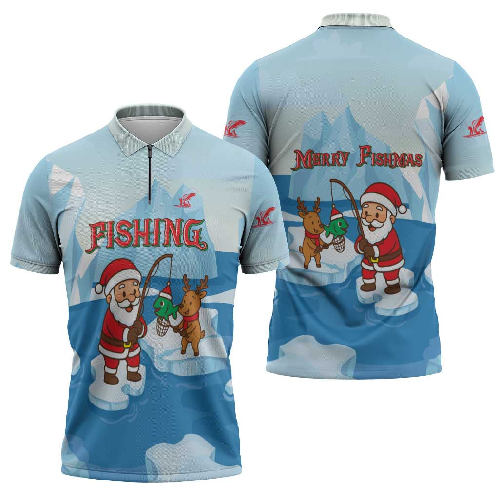 Christmas Fishing Zipper Polo Shirt with Santa Claus Reindeer Iceberg and Merry Fishmas Design - Wonder Print Shop