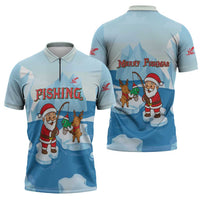 Christmas Fishing Zipper Polo Shirt with Santa Claus Reindeer Iceberg and Merry Fishmas Design - Wonder Print Shop
