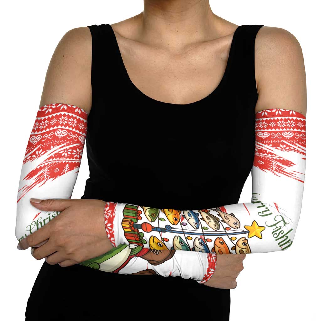 Christmas Fishing Arm Sleeves with Santa Claus Fish Tree and Red Snowflake Pattern - Wonder Print Shop