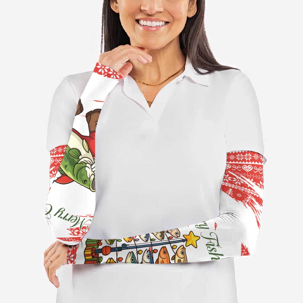 Christmas Fishing Arm Sleeves with Santa Claus Fish Tree and Red Snowflake Pattern - Wonder Print Shop