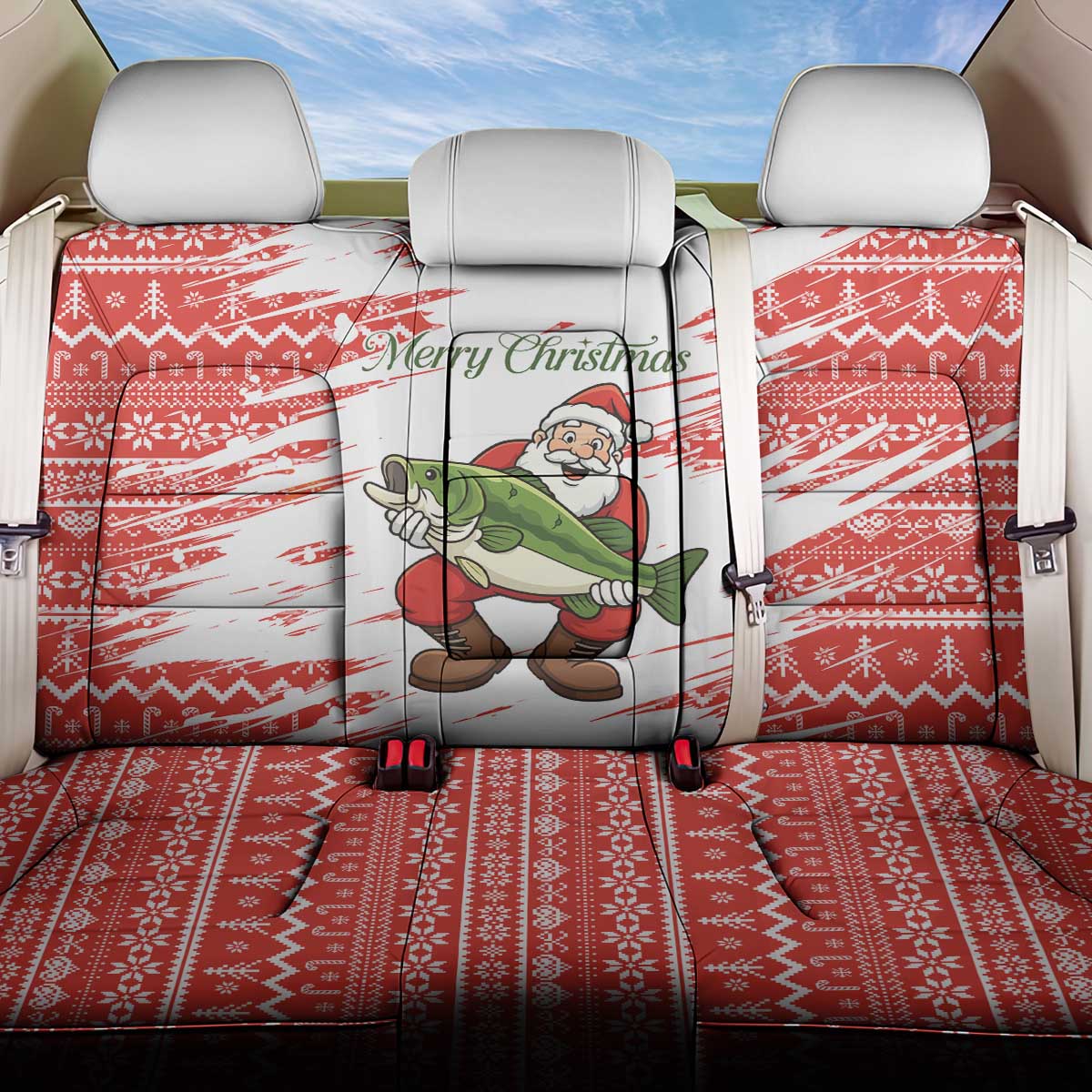 Christmas Fishing Back Car Seat Cover with Santa Claus Fish Tree and Red Snowflake Pattern - Wonder Print Shop