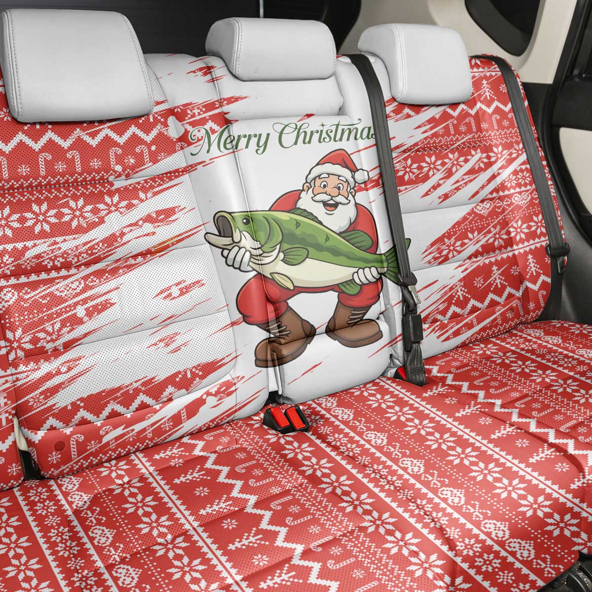 Christmas Fishing Back Car Seat Cover with Santa Claus Fish Tree and Red Snowflake Pattern - Wonder Print Shop