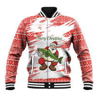 Christmas Fishing Baseball Jacket with Santa Claus Fish Tree and Red Snowflake Pattern - Wonder Print Shop