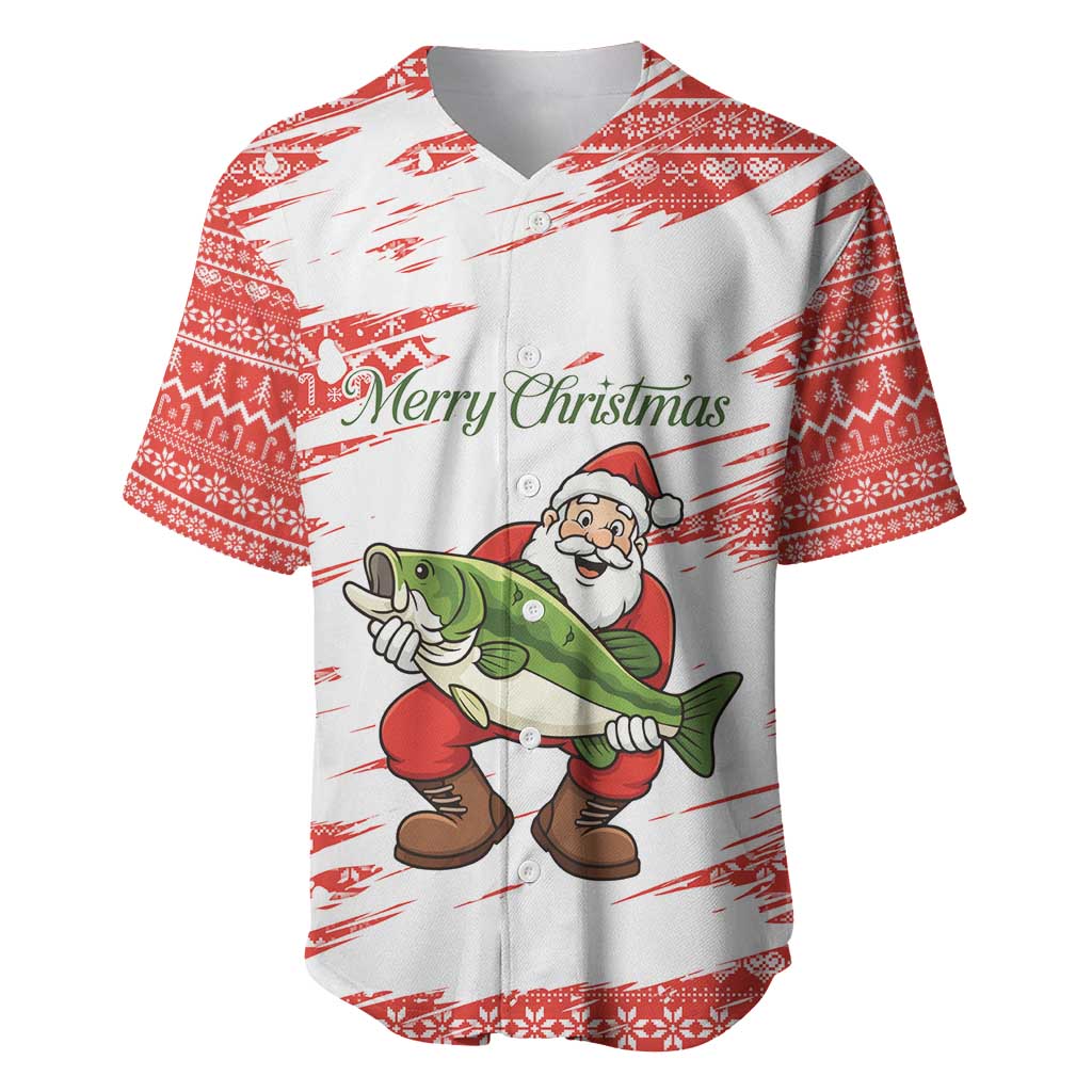 Christmas Fishing Baseball Jersey with Santa Claus Fish Tree and Red Snowflake Pattern - Wonder Print Shop