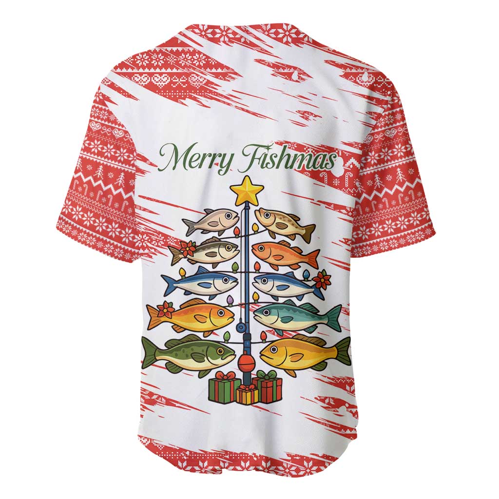 Christmas Fishing Baseball Jersey with Santa Claus Fish Tree and Red Snowflake Pattern - Wonder Print Shop