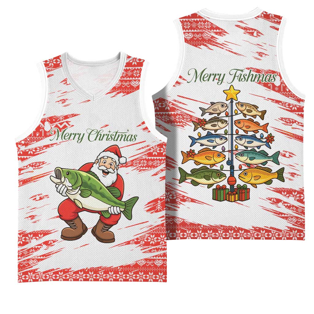 Christmas Fishing Basketball Jersey with Santa Claus Fish Tree and Red Snowflake Pattern - Wonder Print Shop