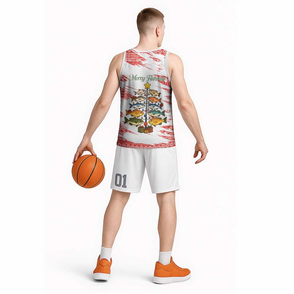 Christmas Fishing Basketball Jersey with Santa Claus Fish Tree and Red Snowflake Pattern - Wonder Print Shop