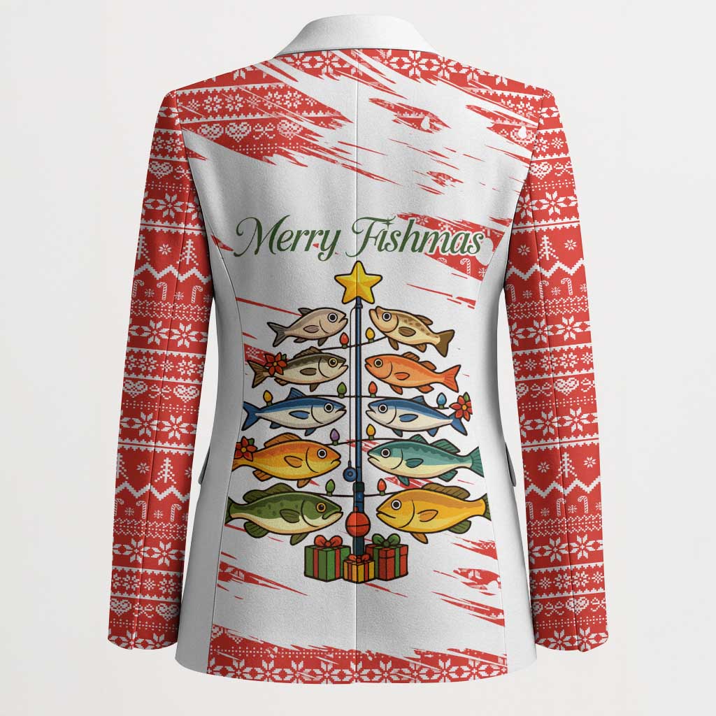 Christmas Fishing Blazer with Santa Claus Fish Tree and Red Snowflake Pattern - Wonder Print Shop