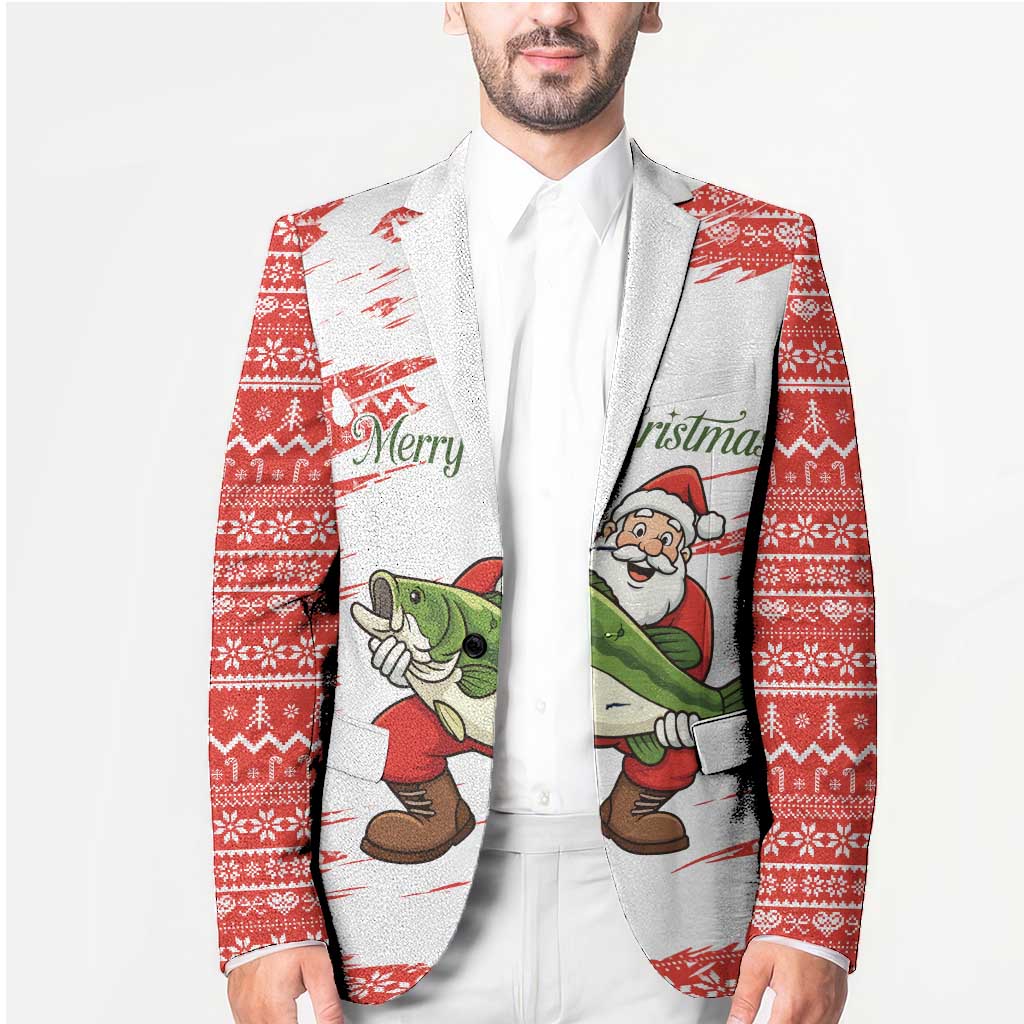 Christmas Fishing Blazer with Santa Claus Fish Tree and Red Snowflake Pattern - Wonder Print Shop