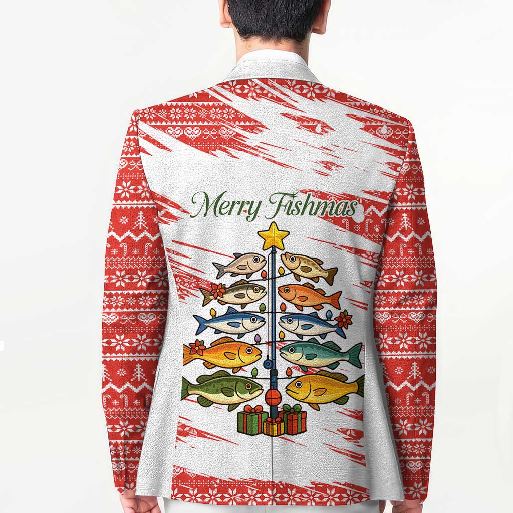 Christmas Fishing Blazer with Santa Claus Fish Tree and Red Snowflake Pattern - Wonder Print Shop