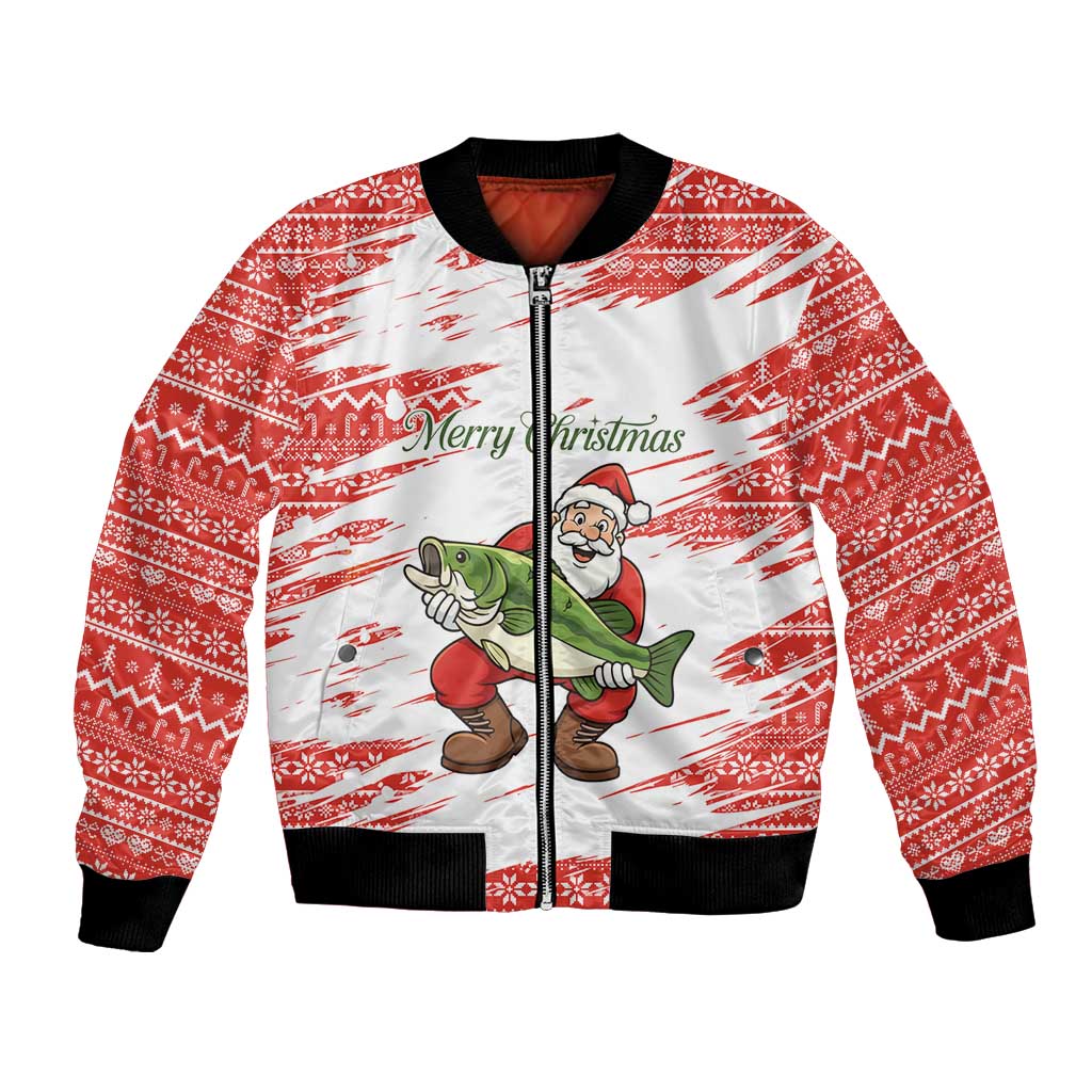 Christmas Fishing Bomber Jacket with Santa Claus Fish Tree and Red Snowflake Pattern - Wonder Print Shop