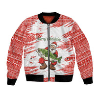 Christmas Fishing Bomber Jacket with Santa Claus Fish Tree and Red Snowflake Pattern - Wonder Print Shop