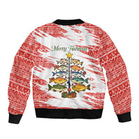 Christmas Fishing Bomber Jacket with Santa Claus Fish Tree and Red Snowflake Pattern - Wonder Print Shop