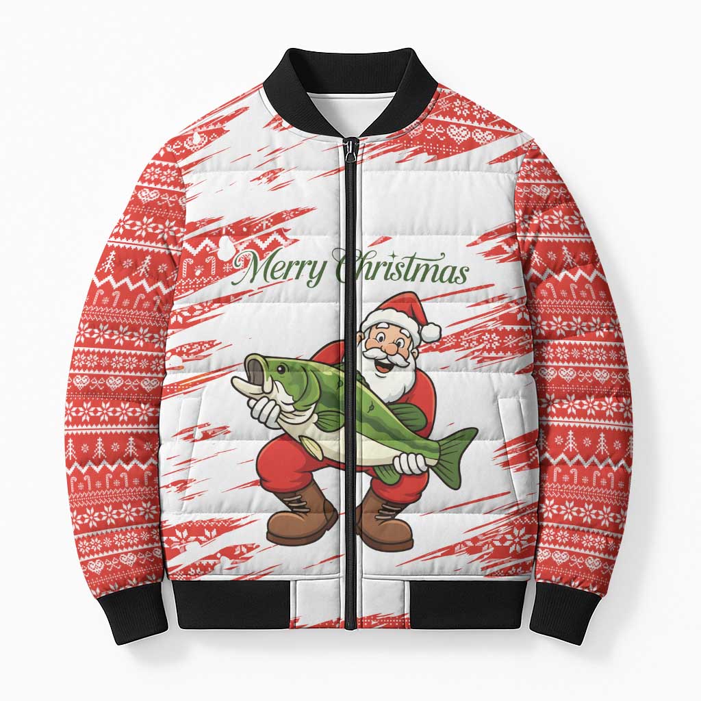Christmas Fishing Bomber Puffer Jacket with Santa Claus Fish Tree and Red Snowflake Pattern - Wonder Print Shop