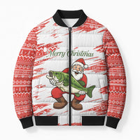 Christmas Fishing Bomber Puffer Jacket with Santa Claus Fish Tree and Red Snowflake Pattern - Wonder Print Shop