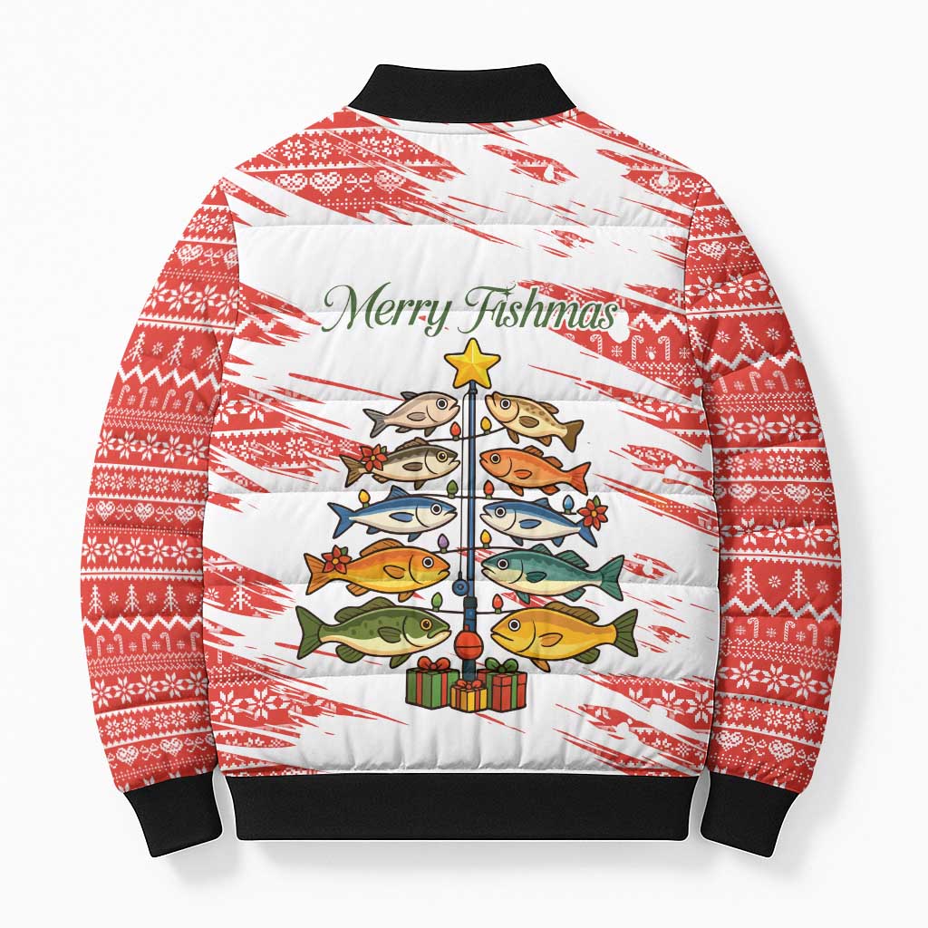 Christmas Fishing Bomber Puffer Jacket with Santa Claus Fish Tree and Red Snowflake Pattern - Wonder Print Shop
