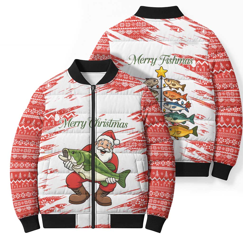 Christmas Fishing Bomber Puffer Jacket with Santa Claus Fish Tree and Red Snowflake Pattern - Wonder Print Shop
