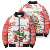 Christmas Fishing Bomber Puffer Jacket with Santa Claus Fish Tree and Red Snowflake Pattern - Wonder Print Shop