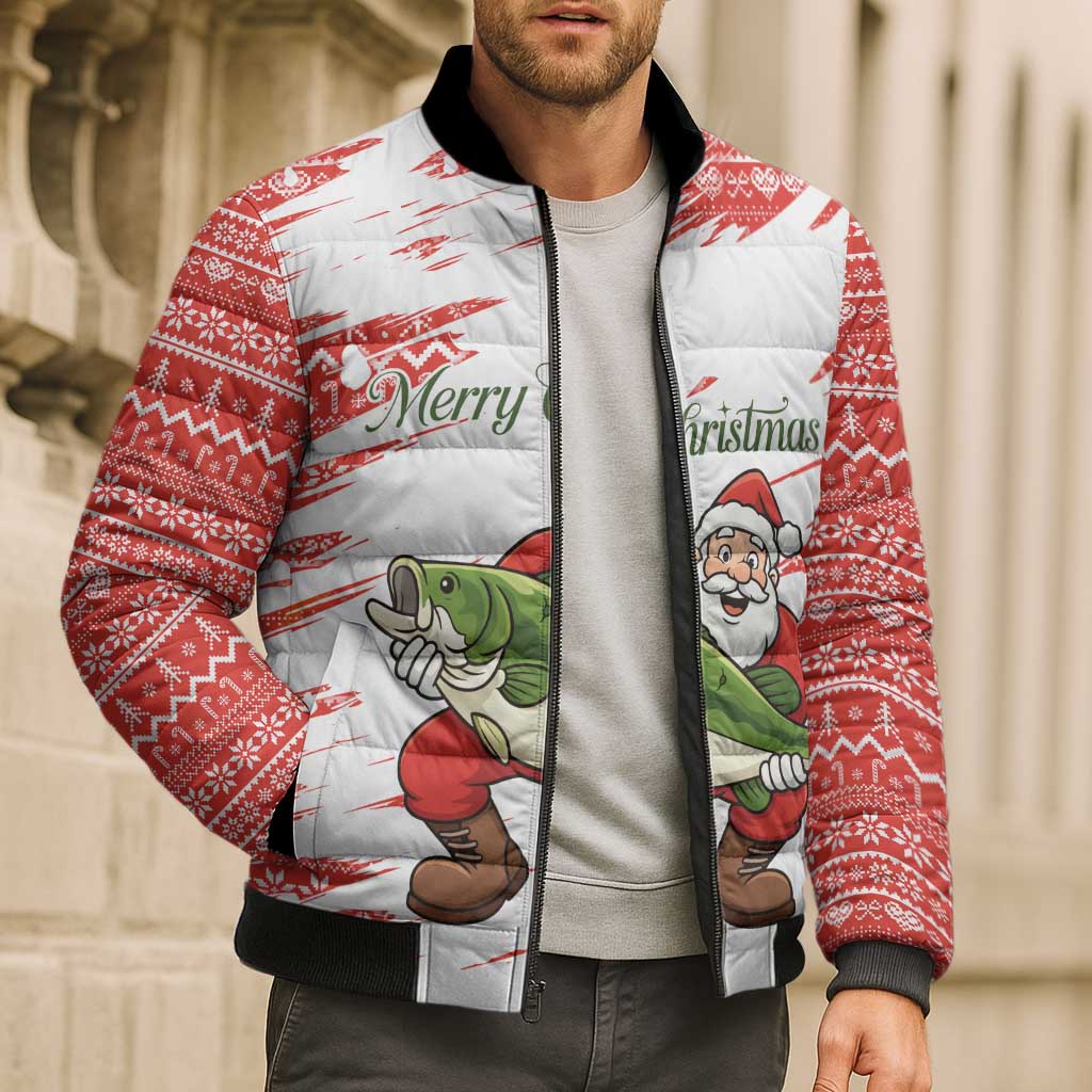 Christmas Fishing Bomber Puffer Jacket with Santa Claus Fish Tree and Red Snowflake Pattern - Wonder Print Shop