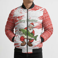 Christmas Fishing Bomber Puffer Jacket with Santa Claus Fish Tree and Red Snowflake Pattern - Wonder Print Shop
