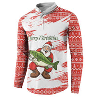 Christmas Fishing Button Sweatshirt with Santa Claus Fish Tree and Red Snowflake Pattern - Wonder Print Shop