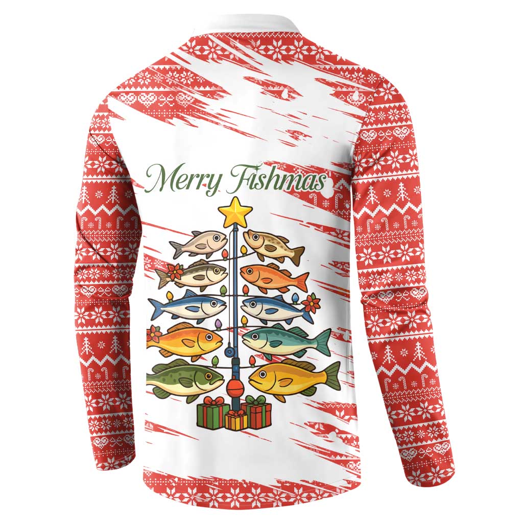 Christmas Fishing Button Sweatshirt with Santa Claus Fish Tree and Red Snowflake Pattern - Wonder Print Shop