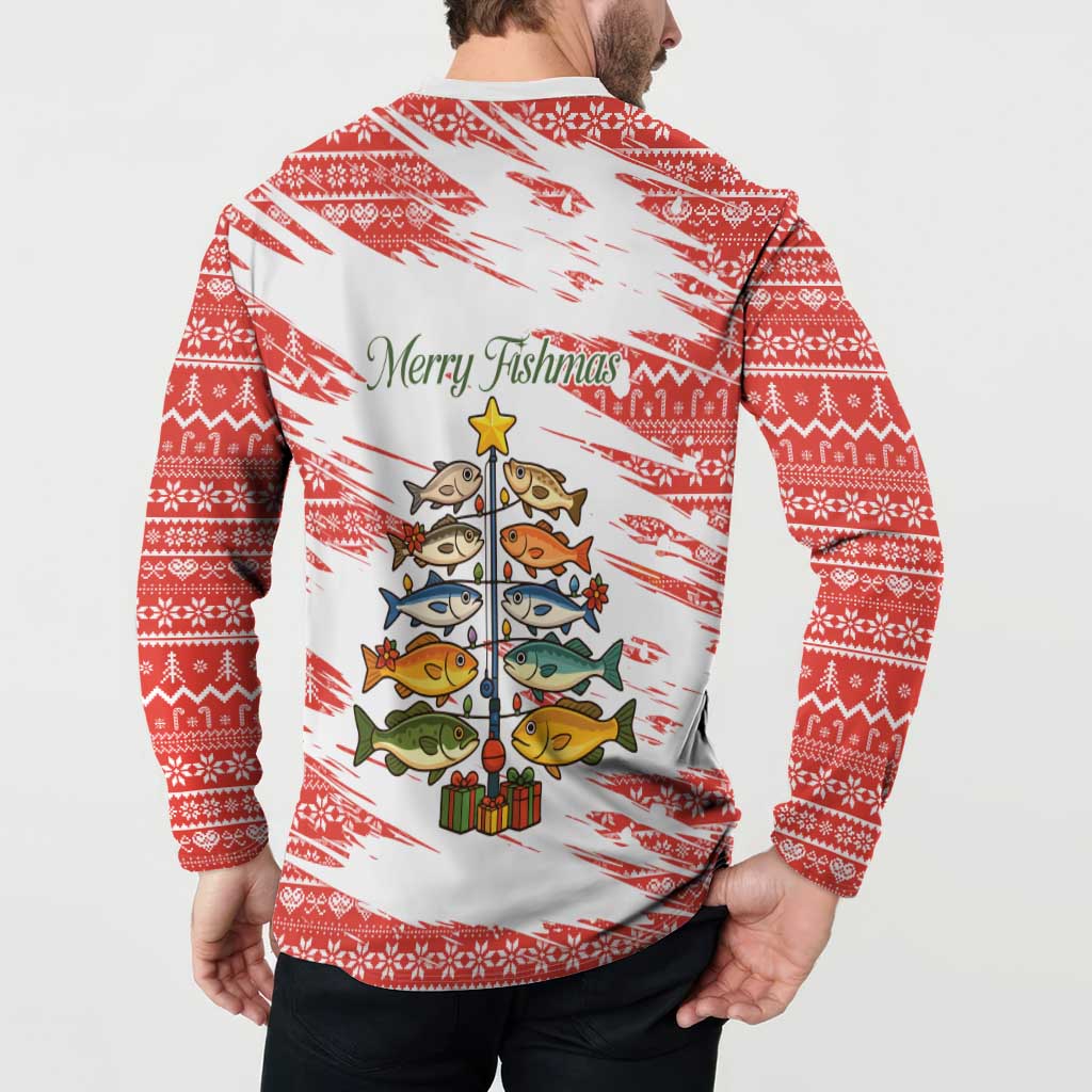 Christmas Fishing Button Sweatshirt with Santa Claus Fish Tree and Red Snowflake Pattern - Wonder Print Shop