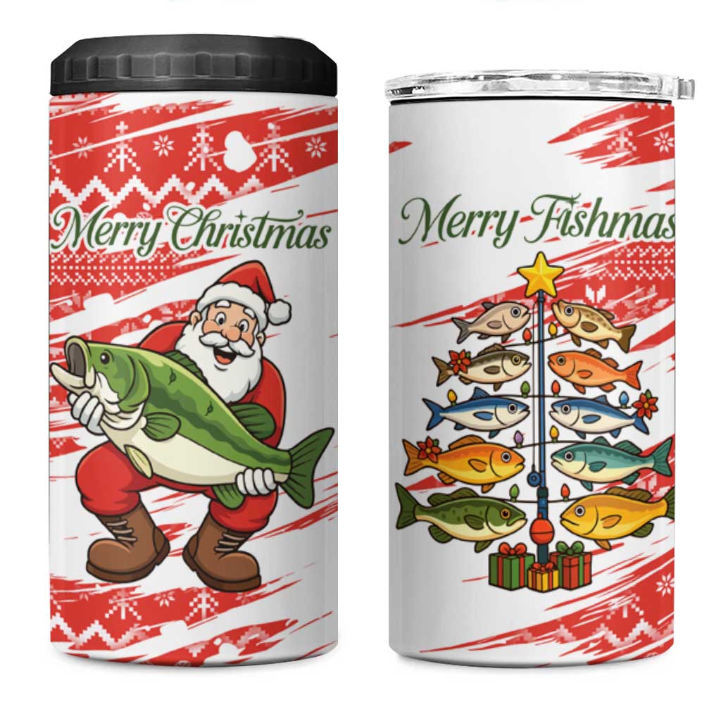 Christmas Fishing 4 in 1 Can Cooler Tumbler with Santa Claus Fish Tree and Red Snowflake Pattern - Wonder Print Shop