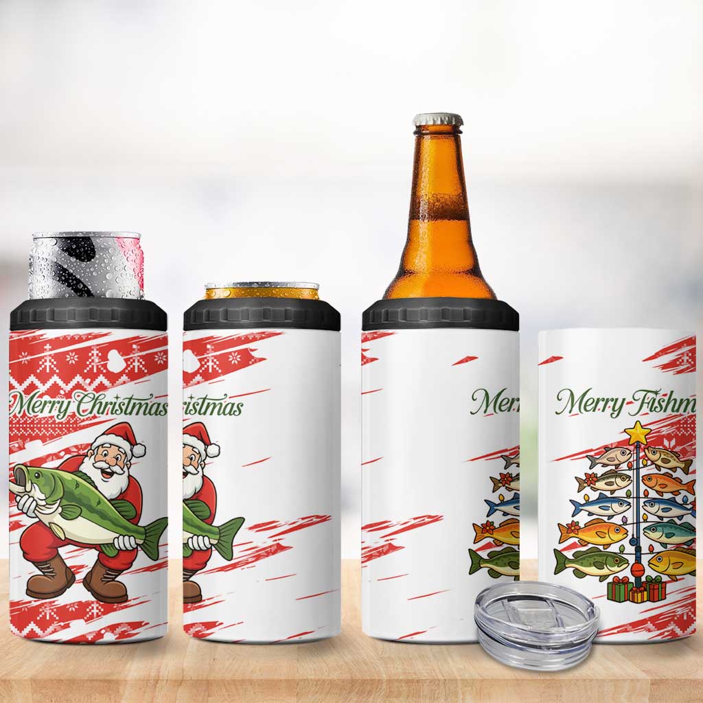 Christmas Fishing 4 in 1 Can Cooler Tumbler with Santa Claus Fish Tree and Red Snowflake Pattern - Wonder Print Shop