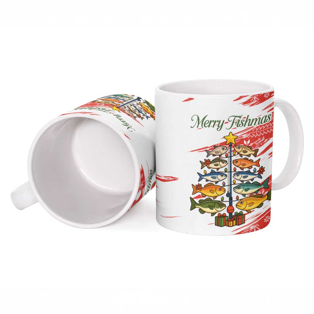 Christmas Fishing Ceramic Mug with Santa Claus Fish Tree and Red Snowflake Pattern - Wonder Print Shop