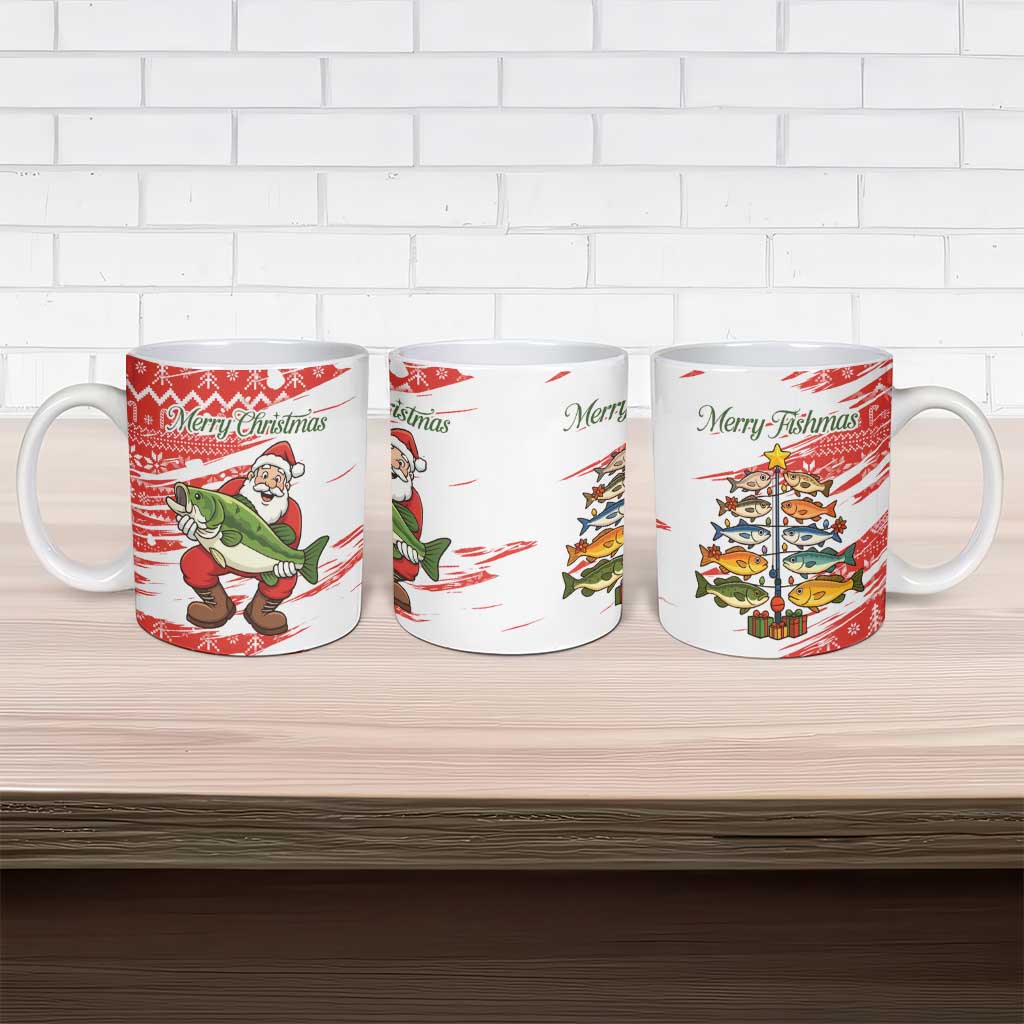 Christmas Fishing Ceramic Mug with Santa Claus Fish Tree and Red Snowflake Pattern - Wonder Print Shop