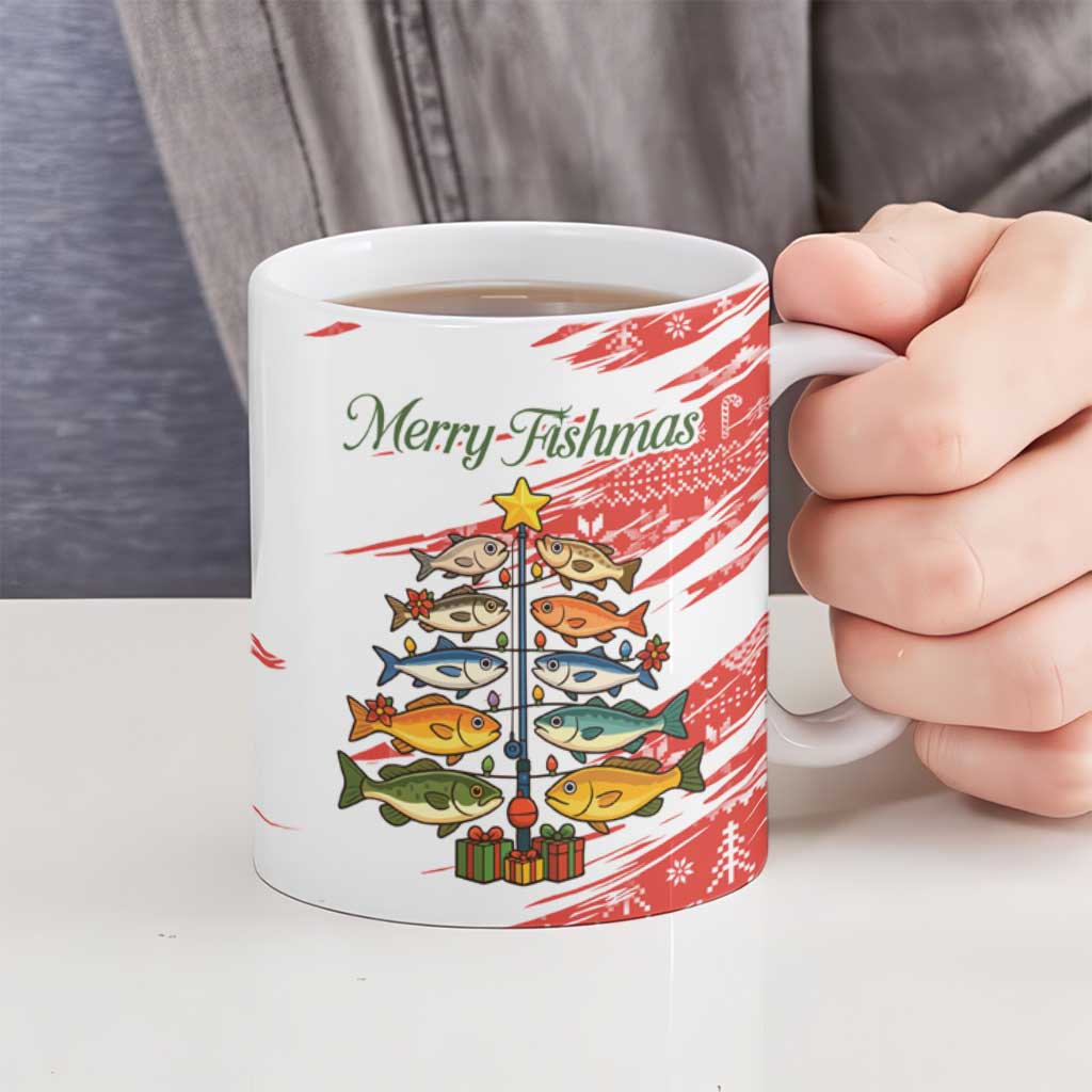 Christmas Fishing Ceramic Mug with Santa Claus Fish Tree and Red Snowflake Pattern - Wonder Print Shop