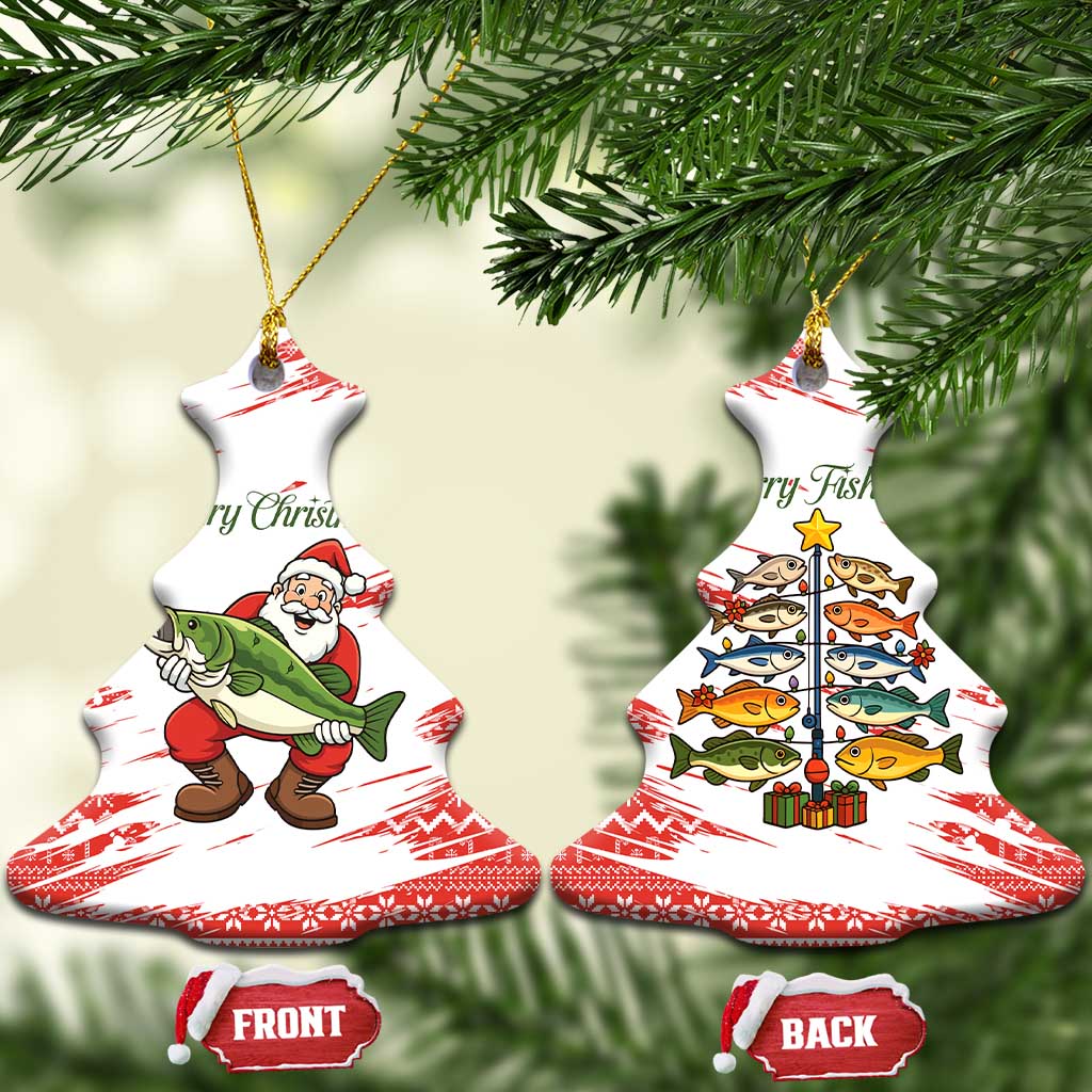 Christmas Fishing Ceramic Ornament with Santa Claus Fish Tree and Red Snowflake Pattern - Wonder Print Shop