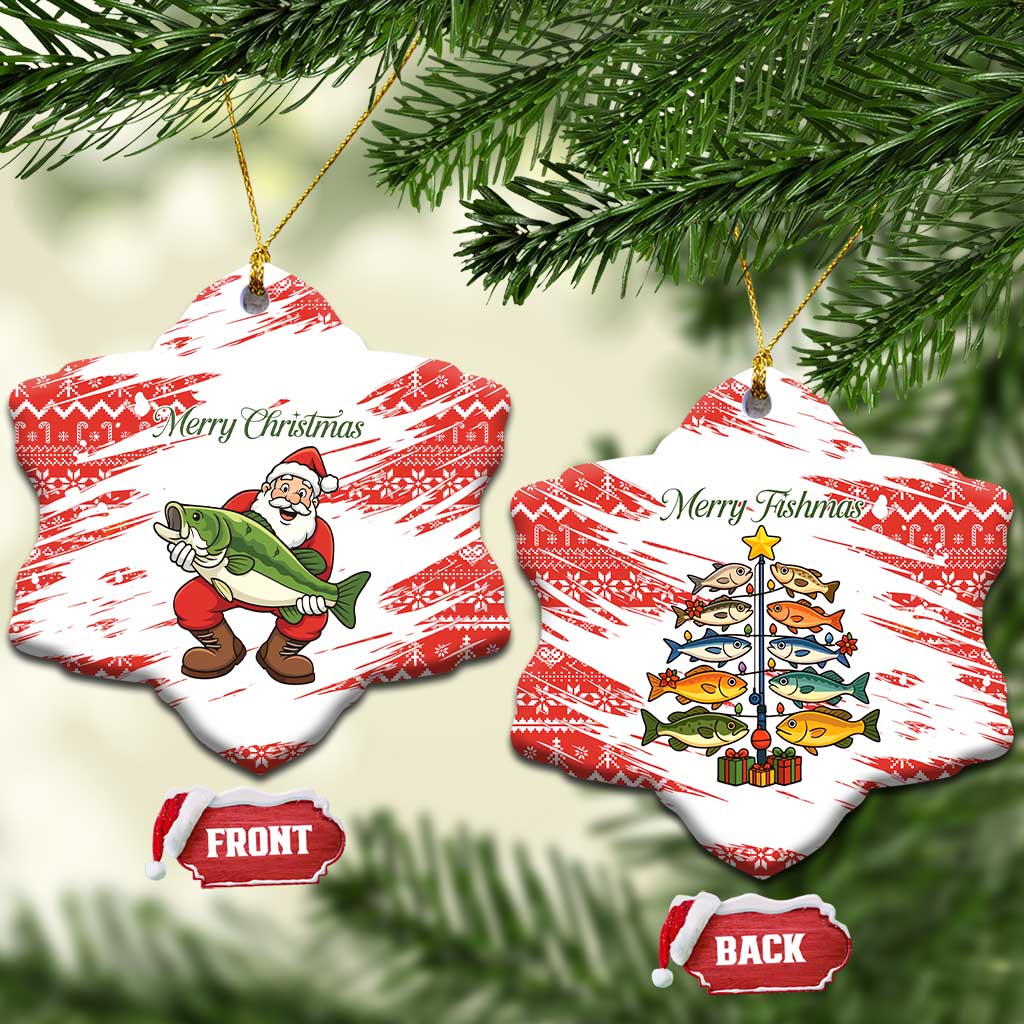 Christmas Fishing Ceramic Ornament with Santa Claus Fish Tree and Red Snowflake Pattern - Wonder Print Shop