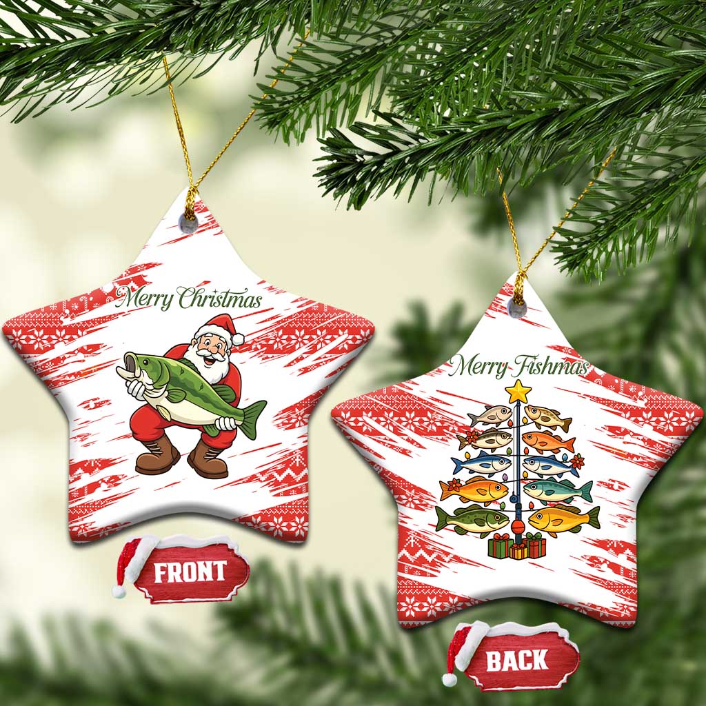 Christmas Fishing Ceramic Ornament with Santa Claus Fish Tree and Red Snowflake Pattern - Wonder Print Shop