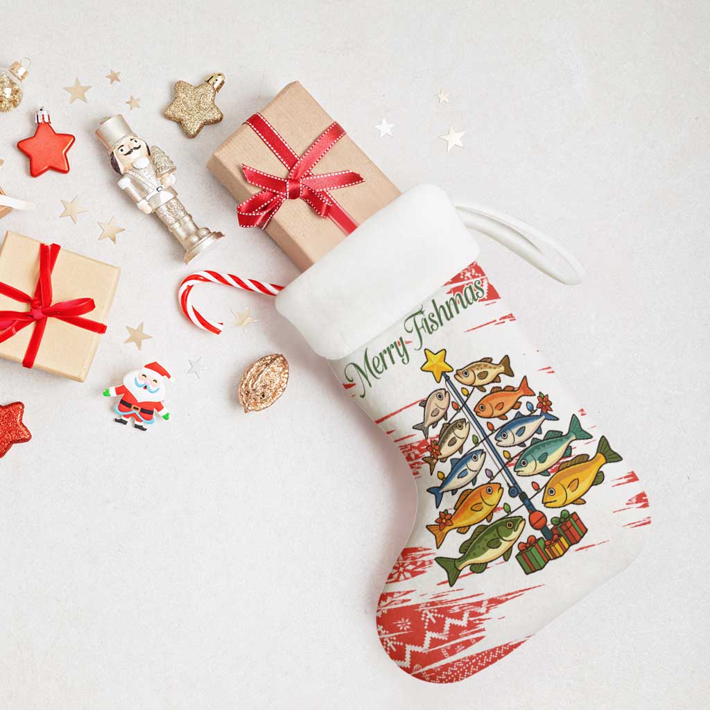 Christmas Fishing Christmas Stocking with Santa Claus Fish Tree and Red Snowflake Pattern - Wonder Print Shop