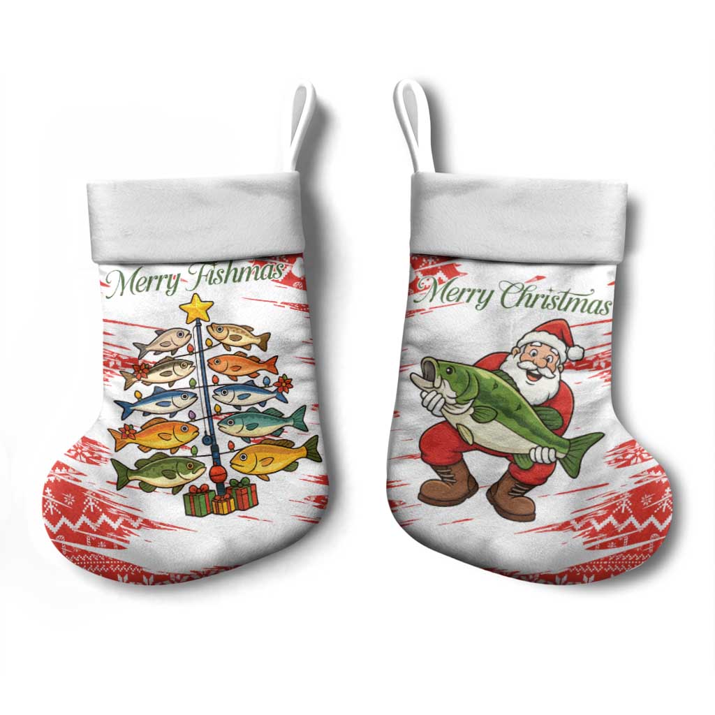 Christmas Fishing Christmas Stocking with Santa Claus Fish Tree and Red Snowflake Pattern - Wonder Print Shop