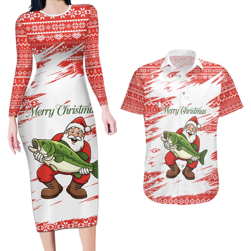 Christmas Fishing Couples Matching Long Sleeve Bodycon Dress and Hawaiian Shirt with Santa Claus Fish Tree and Red Snowflake Pattern - Wonder Print Shop