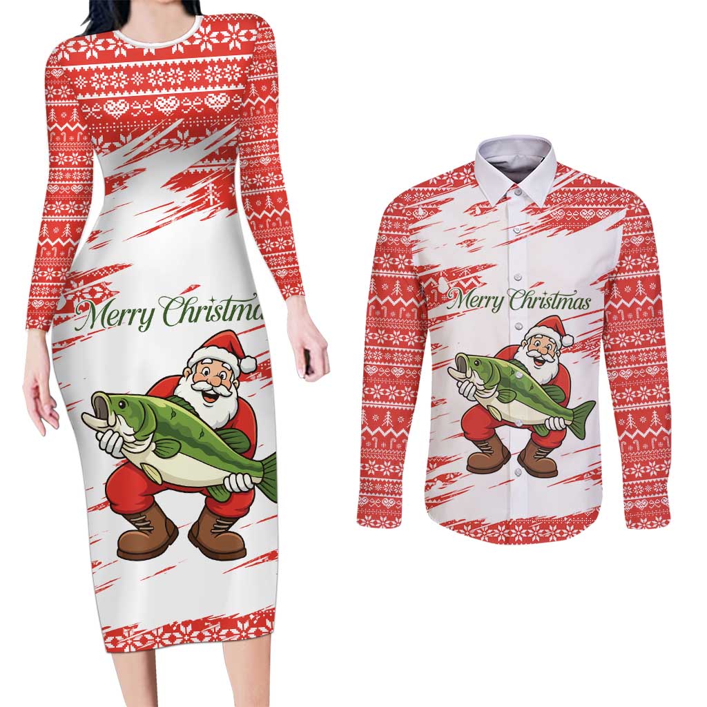 Christmas Fishing Couples Matching Long Sleeve Bodycon Dress and Long Sleeve Button Shirt with Santa Claus Fish Tree and Red Snowflake Pattern - Wonder Print Shop