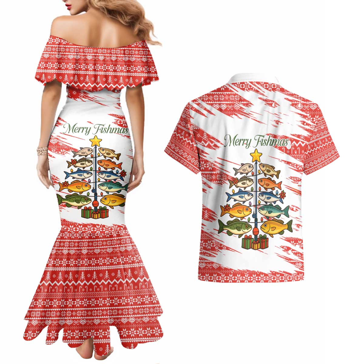 Christmas Fishing Couples Matching Mermaid Dress and Hawaiian Shirt with Santa Claus Fish Tree and Red Snowflake Pattern - Wonder Print Shop