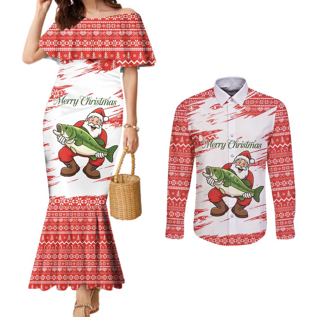 Christmas Fishing Couples Matching Mermaid Dress and Long Sleeve Button Shirt with Santa Claus Fish Tree and Red Snowflake Pattern - Wonder Print Shop