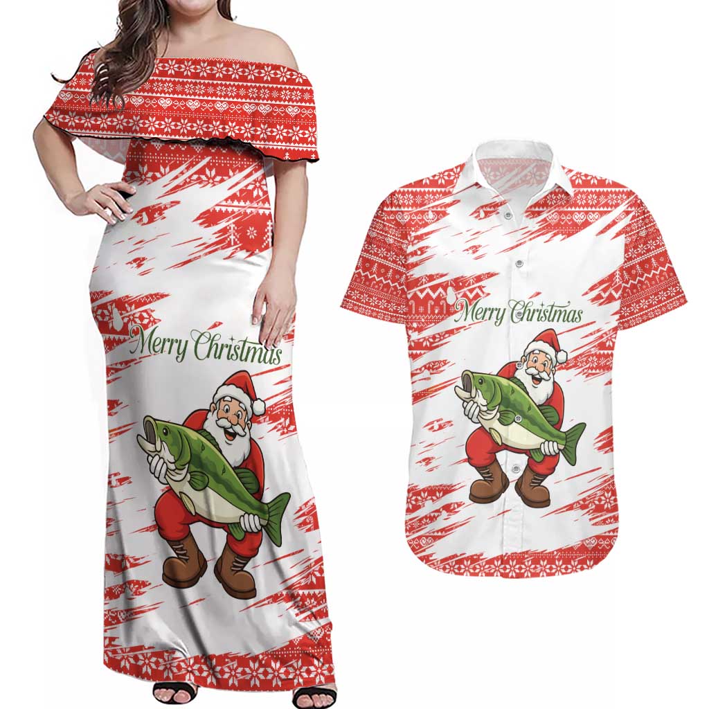 Christmas Fishing Couples Matching Off Shoulder Maxi Dress and Hawaiian Shirt with Santa Claus Fish Tree and Red Snowflake Pattern - Wonder Print Shop