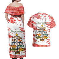 Christmas Fishing Couples Matching Off Shoulder Maxi Dress and Hawaiian Shirt with Santa Claus Fish Tree and Red Snowflake Pattern - Wonder Print Shop