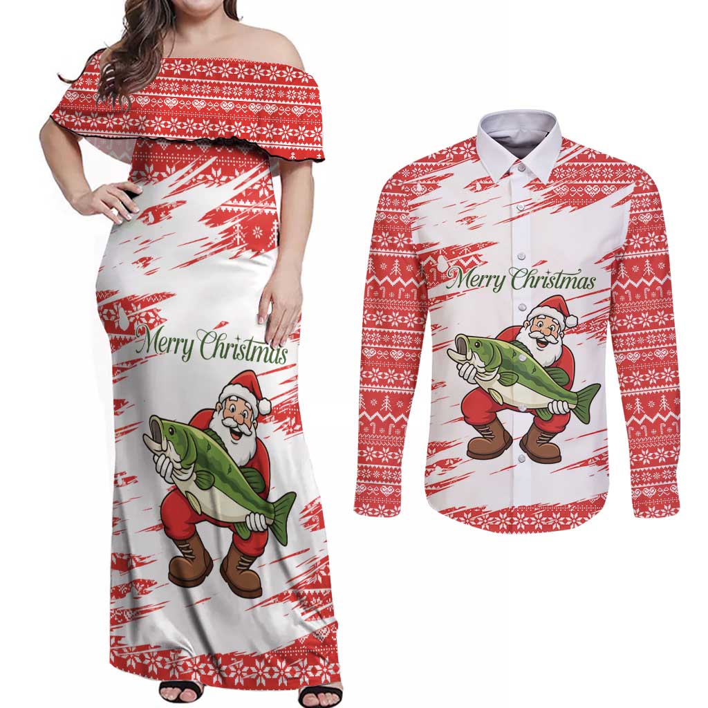 Christmas Fishing Couples Matching Off Shoulder Maxi Dress and Long Sleeve Button Shirt with Santa Claus Fish Tree and Red Snowflake Pattern - Wonder Print Shop