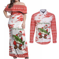 Christmas Fishing Couples Matching Off Shoulder Maxi Dress and Long Sleeve Button Shirt with Santa Claus Fish Tree and Red Snowflake Pattern - Wonder Print Shop