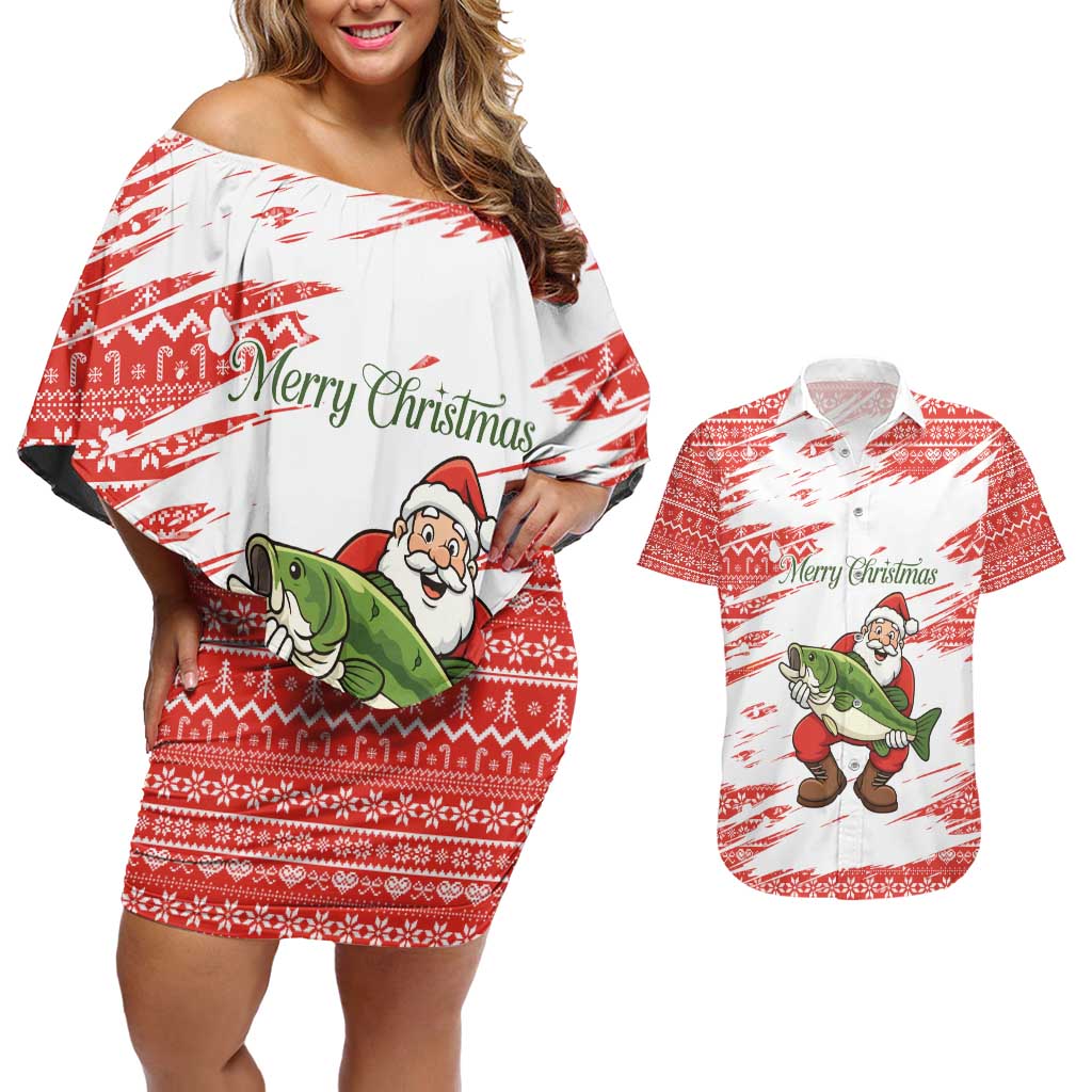 Christmas Fishing Couples Matching Off Shoulder Short Dress and Hawaiian Shirt with Santa Claus Fish Tree and Red Snowflake Pattern - Wonder Print Shop