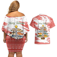 Christmas Fishing Couples Matching Off Shoulder Short Dress and Hawaiian Shirt with Santa Claus Fish Tree and Red Snowflake Pattern - Wonder Print Shop
