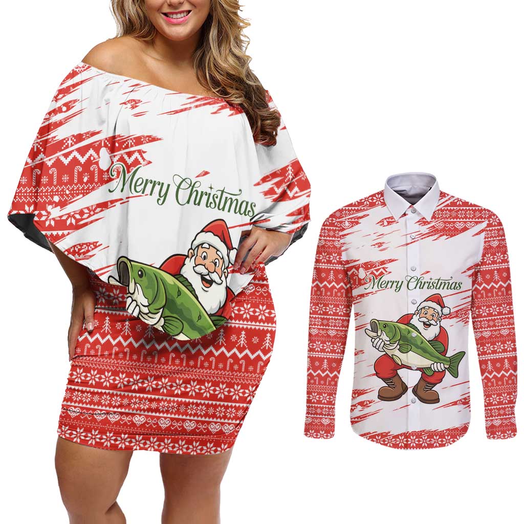 Christmas Fishing Couples Matching Off Shoulder Short Dress and Long Sleeve Button Shirt with Santa Claus Fish Tree and Red Snowflake Pattern - Wonder Print Shop